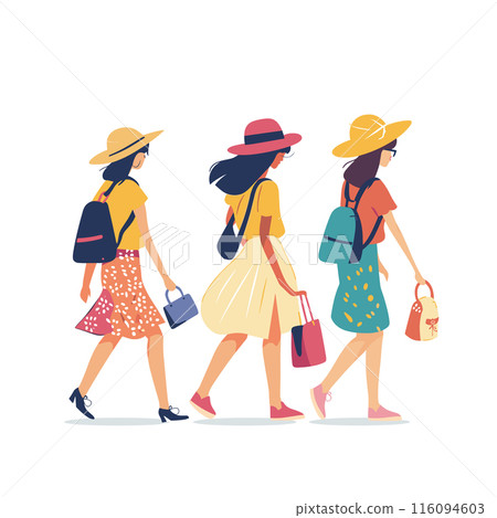 Three women walking side side, wearing stylish summer hats casual clothing, depicting friendship. Fashionable female friends strolling, one backpack, one tote bag, handbag, all flat design. Young Three women walking side side, wearing stylish summer hats casual clothing, depicting friendship. Fashionable female friends strolling, one backpack, one tote bag, handbag, all flat design. Young 116094603