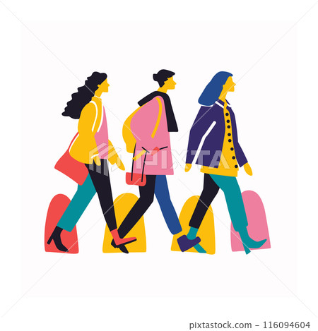 Three people walking side side, abstract colorful illustration. Stylish pedestrians illustrated modern, minimalistic design, vibrant colors. Trendy urban characters stride confidence, fashionable Three people walking side side, abstract colorful illustration. Stylish pedestrians illustrated modern, minimalistic design, vibrant colors. Trendy urban characters stride confidence, fashionable 116094604