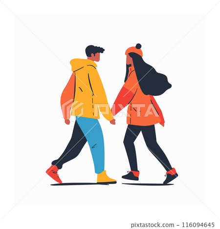 Young couple walking together, man woman casual winter clothes holding hands. Stylish pair colorful jackets enjoying stroll, modern flat design. Animated characters outdoor apparel casual day out 116094645