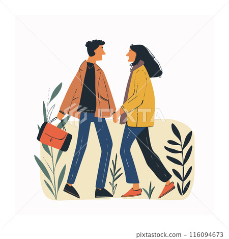 Man woman walking side side, holding hands. Both casually dressed, man jacket woman coat. Illustration couple enjoying leisurely walk, surrounded plants 116094673