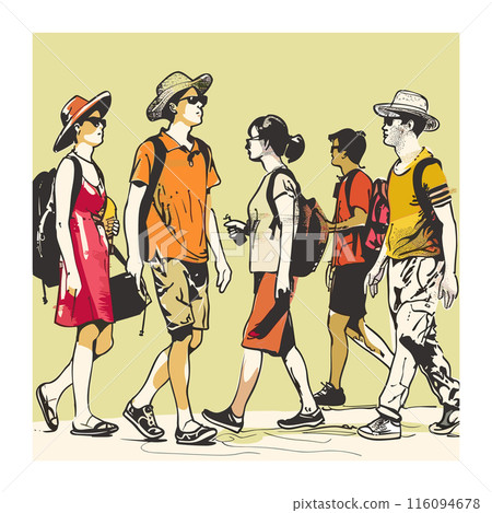 Traveling friends walking together, two men two women engaging conversation during stroll. Casual summer attire including hats, shorts, backpacks worn young adults implies leisurely activity. Group 116094678