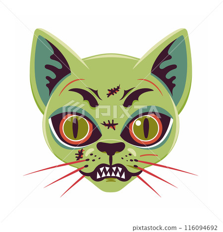 Green zombie cat face illustration, scary feline undead creature design, Halloween themed graphics. Eerie largeeyed green cat stitched scars, vibrant flat styled icon spooky concepts. Vector Green zombie cat face illustration, scary feline undead creature design, Halloween themed graphics. Eerie largeeyed green cat stitched scars, vibrant flat styled icon spooky concepts. Vector 116094692