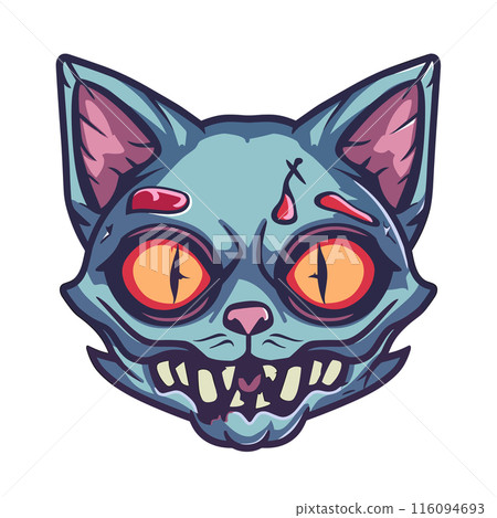 Frightening cartoon zombie cat head wide orange eyes, dripping blood, sharp fangs, isolated white background. Eerie undead feline creature, vivid colors, Halloween themed graphic design. Scary Frightening cartoon zombie cat head wide orange eyes, dripping blood, sharp fangs, isolated white background. Eerie undead feline creature, vivid colors, Halloween themed graphic design. Scary 116094693