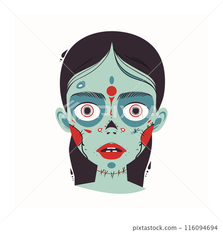 Zombie girl illustration exaggerated features horror theme. Green skin, stitched wounds, wide eyes convey undead. Creepy female face vector drawing designed Halloween Zombie girl illustration exaggerated features horror theme. Green skin, stitched wounds, wide eyes convey undead. Creepy female face vector drawing designed Halloween 116094694