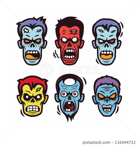 Six cartoon zombie heads featuring variety expressions, colors, undead designs. Zombie faces display anger, shock, aggression ideal Halloween themes. Graphic style vibrant colors, bold lines Six cartoon zombie heads featuring variety expressions, colors, undead designs. Zombie faces display anger, shock, aggression ideal Halloween themes. Graphic style vibrant colors, bold lines 116094722