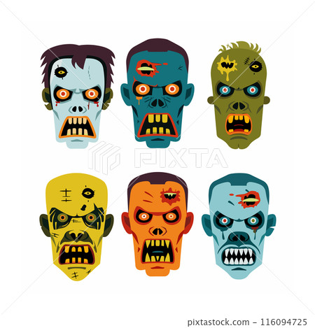 Six cartoon zombie faces expressive monstrous features bright colors Halloween theme horror characters. Cartoon undead head collection varying emotions scary facial expressions isolated white 116094725