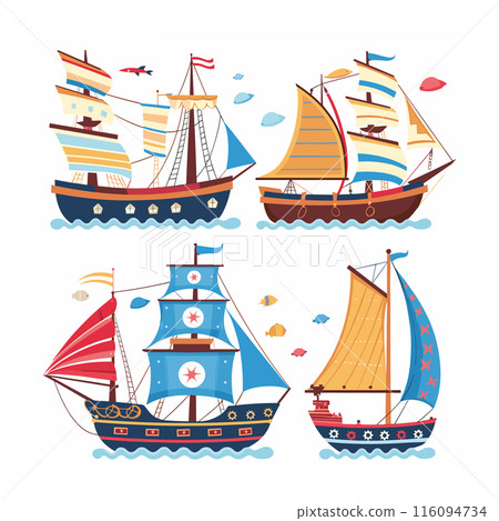 Cartoon sailboats colorful nautical theme illustration isolated white background. Four different sailing ships, playful maritime design, cute fish wave details. Childfriendly graphics, vibrant hues Cartoon sailboats colorful nautical theme illustration isolated white background. Four different sailing ships, playful maritime design, cute fish wave details. Childfriendly graphics, vibrant hues 116094734
