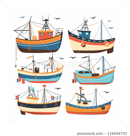 Variety colorful fishing boats, marine vessels floating, flying. Collection ships, ocean fishing, life theme. Cartoon style boats, maritime transportation, birds, clear 116094735
