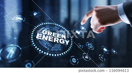 Businessman clicks Green eco energy icons. Reducing environmental risks Businessman clicks Green eco energy icons. Reducing environmental risks 116094813