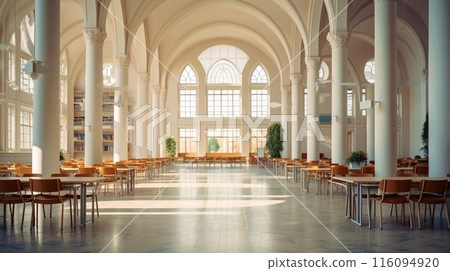 A view of a library with sunlight shining in A view of a library with sunlight shining in 116094920