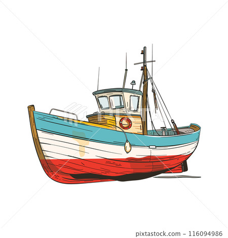 Fishing boat illustration vibrant colors, wooden texture, handdrawn style. Nautical vessel features red, white, blue hull, life ring onboard, fishing gear. Vintage trawler sketch isolated white 116094986