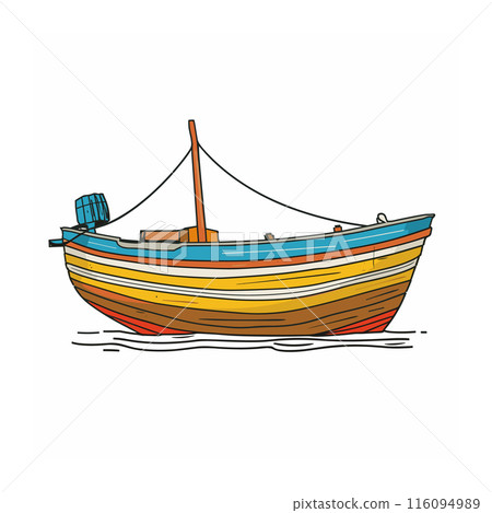 Colorful wooden boat illustration, floating water, bright multicolored hull, fishing vessel drawing, nautical theme. Handdrawn cartoon boat graphic, isolated white background, marine transportation 116094989