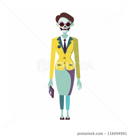 Skeleton woman business attire carrying wallet. Female skeletal character dressed professional yellow blazer blue skirt. Day Dead theme, businesswoman figure, Dia de los Muertos celebration costume 116094991