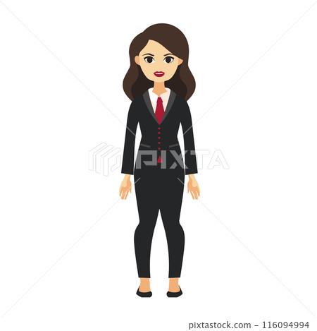 Professional businesswoman standing confidently, wearing black suit, white blouse, red tie. Female cartoon character, young adult caucasian, professional attire, business executive illustration Professional businesswoman standing confidently, wearing black suit, white blouse, red tie. Female cartoon character, young adult caucasian, professional attire, business executive illustration 116094994