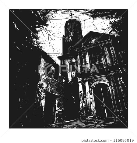 Gothic church bell tower looms over old European street, dark inky drawing. Narrow alley paved road leads historic building, monochrome expressionist art. Clock tall church spire above traditional 116095019