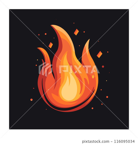 Bright orange yellow flame against dark background. Cartoon style fire symbol, vibrant colors. Graphic element representing heat, energy, danger 116095034