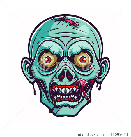 Illustration vibrant zombie head, featuring bright eyes stitched skin. Cartoonstyle undead character exaggerated facial features popping colors. Detailed horrorthemed graphic art screaming zombie Illustration vibrant zombie head, featuring bright eyes stitched skin. Cartoonstyle undead character exaggerated facial features popping colors. Detailed horrorthemed graphic art screaming zombie 116095043