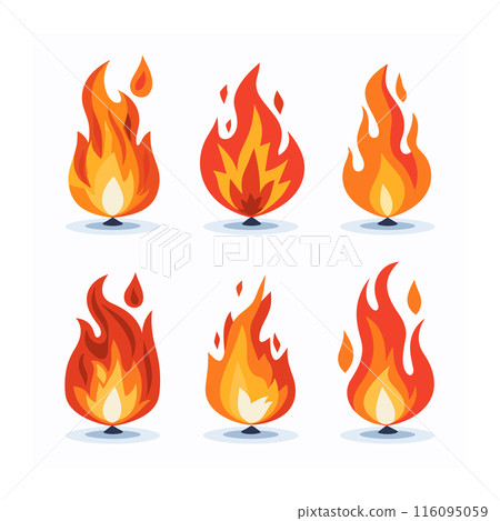 Collection six different flame designs vibrant red orange yellow, fire icon has unique shape dynamic flame contours suitable various uses. Cartoon style flames ideal safety instructions graphics 116095059