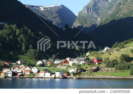 The town of Flåm in the depths of the Nærøyfjord 116095088