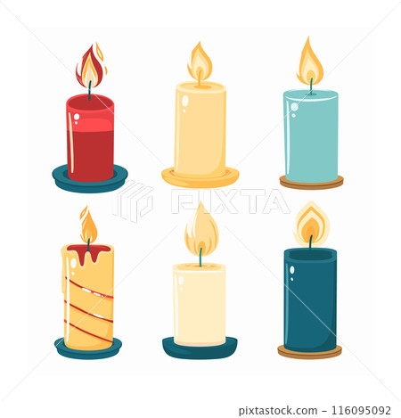 Six colorful candles lit, collection candles different colors, red, yellow, blue decorative elements. Set various colorful wax candles, lit flames, simple cartoon style, home decoration. Vector 116095092
