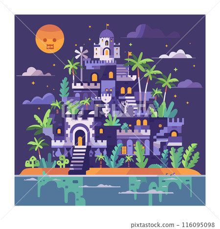 Fantasy castle illustration, vibrant night, tropical foliage around medieval architecture. Full moon, starry sky, mystic atmosphere near old fortress, graphic design. Palm trees, seaside, enchanted 116095098