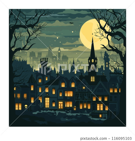 Gothic style architecture dominates eerie night scene, moonlit cityscape backdrop, mysterious ambiance suggested twilight colors. Victorian mansion foreground stands under full moon, silhouetted Gothic style architecture dominates eerie night scene, moonlit cityscape backdrop, mysterious ambiance suggested twilight colors. Victorian mansion foreground stands under full moon, silhouetted 116095103