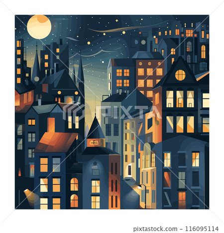 Quaint European cityscape illustration under night sky. Stylized buildings, warm lit windows, full moon glowing above tapered rooftops. Cobblestoned street corner, urban scene, nocturnal city charm Quaint European cityscape illustration under night sky. Stylized buildings, warm lit windows, full moon glowing above tapered rooftops. Cobblestoned street corner, urban scene, nocturnal city charm 116095114