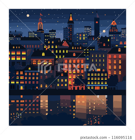 Scenic nighttime cityscape illustration vibrant colors. Urban skyline illuminated buildings windows stars night sky. Stylized cartoon city night moonlit architecture lights 116095118