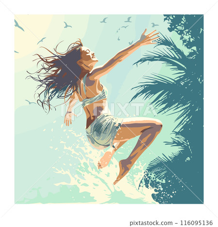 Young woman enjoys freedom leaping sea, hair flowing, joy sunny beach setting. Female airborne near ocean waves, expressing happiness vitality, birds flying background. Energetic leap, tropical 116095136