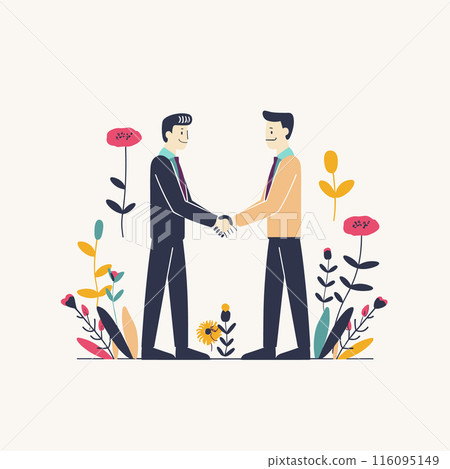 Two businessmen shaking hands amidst colorful stylized flora. Cartoon male figures, one dressed dark suit, casual attire, engaging handshake. Simplified abstract design, floral elements, friendly Two businessmen shaking hands amidst colorful stylized flora. Cartoon male figures, one dressed dark suit, casual attire, engaging handshake. Simplified abstract design, floral elements, friendly 116095149