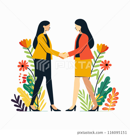 Two women shaking hands, business agreement, professional attire, floral backdrop. Female executives meet, diverse ethnicities, handshakes signifies partnership. Colorful flowers enhance friendly Two women shaking hands, business agreement, professional attire, floral backdrop. Female executives meet, diverse ethnicities, handshakes signifies partnership. Colorful flowers enhance friendly 116095151