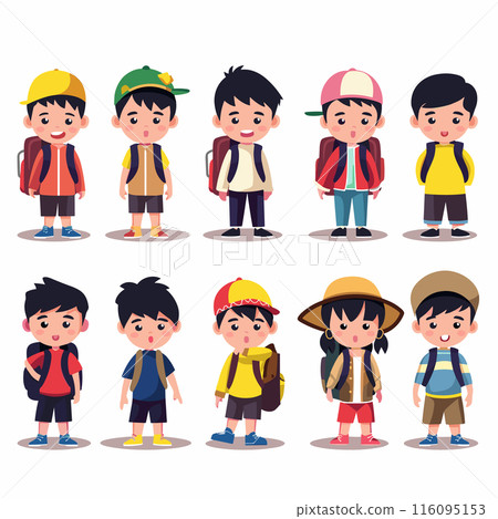 Diverse group cartoon school children ready school. Boys girls standing backpacks, various expressions, wearing hats, casual clothing. Happy, curious, pouting kids illustrated 116095153