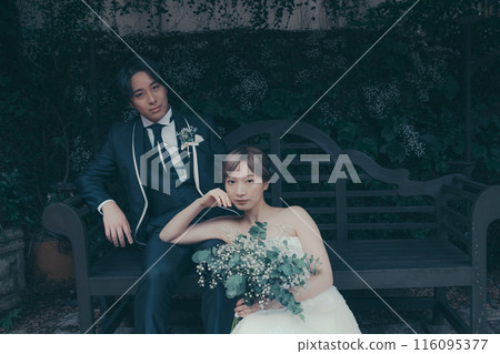 Bride and groom in tuxedo and wedding dress 116095377