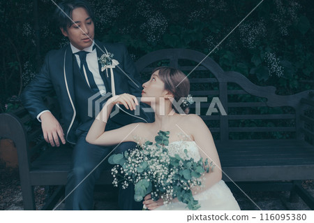 Bride and groom in tuxedo and wedding dress 116095380