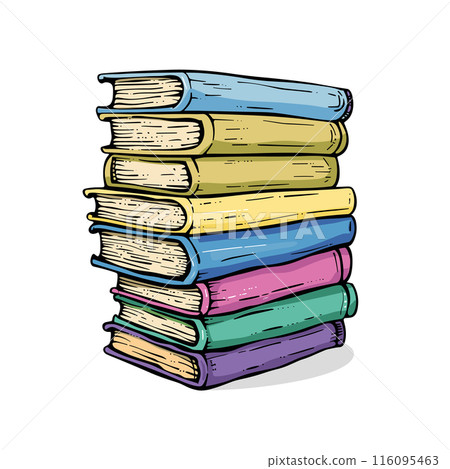 Stack colorful books, handdrawn style, different colors bindings vertical pile. Education concept, school supplies, rainbow colored textbooks, isolated white background. Reading theme, vibrant book 116095463