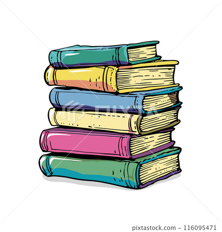 Stacked colorful books, handdrawn style, isolated white background. Pile books cartoon, vibrant covers, education concept art. Sketchy illustration books stack, colorful spines, reading theme Stacked colorful books, handdrawn style, isolated white background. Pile books cartoon, vibrant covers, education concept art. Sketchy illustration books stack, colorful spines, reading theme 116095471