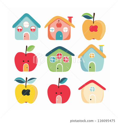 Nine colorful graphic images combining elements apples houses. Stylized apple shapes merged house features such windows, doors, chimneys. Bright primary colors, cute, simple, playful designs Nine colorful graphic images combining elements apples houses. Stylized apple shapes merged house features such windows, doors, chimneys. Bright primary colors, cute, simple, playful designs 116095475