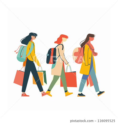 Three women walking side side carrying shopping, woman wears unique casual clothing carries different sizes. Group friends enjoying shopping spree, fashion, leisure concept 116095525