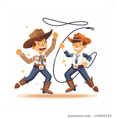 Two cartoon cowboys dancing swinging lasso, happy facial expressions, brown cowboy hats, boots, sheriffs badges. Young male characters joyfully engaged western dance, one spinning rope, both cowboy 116095539