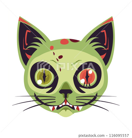 Zombie cat illustration large eerie eyes fangs. Green faced cat cartoon character depicting horror, Halloween theme isolated white background. Spooky feline head red accents infections, digital art 116095557