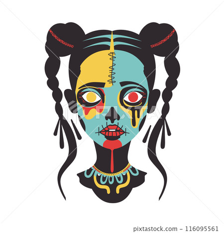 Graphic illustration female face colorful Day Dead makeup, featuring symmetric designs split face. Black braided hair, yellow blue facial paint, red details, white isolated background. Features 116095561
