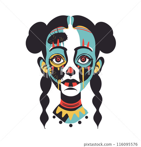 Colorful female face split into various geometric shapes designs. Artistic portrayal woman abstract facial features patterns. Creative modern art illustration split personality concept 116095576