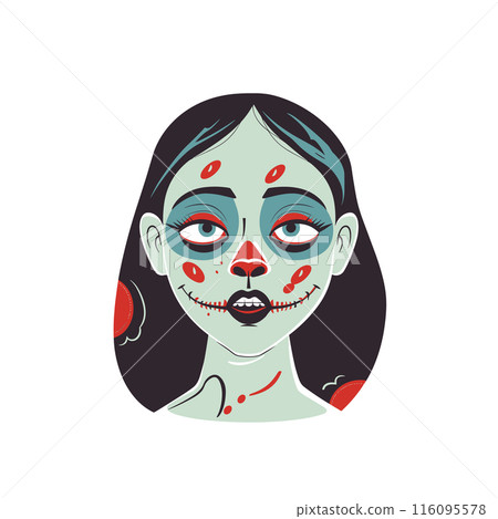 Female zombie character illustration, pale blue skin, stitched lips, red markings. Cartoon zombie girl, black hair, earring, undead themed graphic art. Halloween vector zombie lady, spooky makeup 116095578