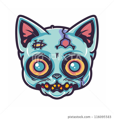 Zombie cat illustration showing undead kitty big eyes, stitches exposed bone. Cartoonish feline head colorful, vibrant details spooky features. Digital artwork fantastical cat creature Halloween Zombie cat illustration showing undead kitty big eyes, stitches exposed bone. Cartoonish feline head colorful, vibrant details spooky features. Digital artwork fantastical cat creature Halloween 116095583