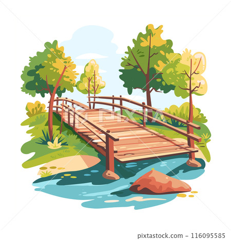 Wooden bridge over river cartoon style nature scene. Trees, shrubbery, water illustrated tranquil outdoor environment. Peaceful walking path across stream park setting, bright colors, daytime Wooden bridge over river cartoon style nature scene. Trees, shrubbery, water illustrated tranquil outdoor environment. Peaceful walking path across stream park setting, bright colors, daytime 116095585
