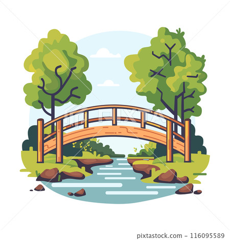 Wooden bridge over stream park setting, surrounded lush greenery trees, peaceful scenery, cartoon style vector illustration. Calm river flowing under rustic arched bridge connecting two banks Wooden bridge over stream park setting, surrounded lush greenery trees, peaceful scenery, cartoon style vector illustration. Calm river flowing under rustic arched bridge connecting two banks 116095589