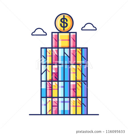 Illustration colorful skyscraper building topped large dollar coin against sky background. Modern architecture concept symbolizing corporate finance, economic growth. Flat style vector graphic 116095633