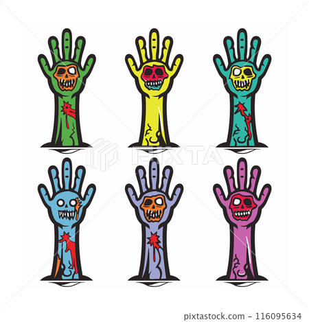 Six cartoon zombie hands raised, different color skull. Zombie hands cartoon style isolated white background, exposed bones wounds. Colorful undead limbs Halloween themed design, spooky humorous 116095634