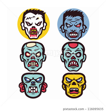Six cartoon zombie heads fierce expressions against white background. Zombie faces showing anger, horror, emotions, suitable Halloween themes. Illustration undead creatures various skin colors, red Six cartoon zombie heads fierce expressions against white background. Zombie faces showing anger, horror, emotions, suitable Halloween themes. Illustration undead creatures various skin colors, red 116095635