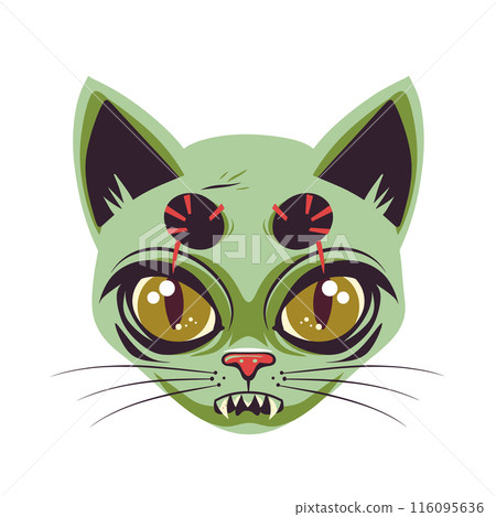 Zombie cat illustration hypnotic eyes red targets. Green undead feline drawing expressing horror theme. Cartoon style spooky kitty featuring Halloween elements Zombie cat illustration hypnotic eyes red targets. Green undead feline drawing expressing horror theme. Cartoon style spooky kitty featuring Halloween elements 116095636